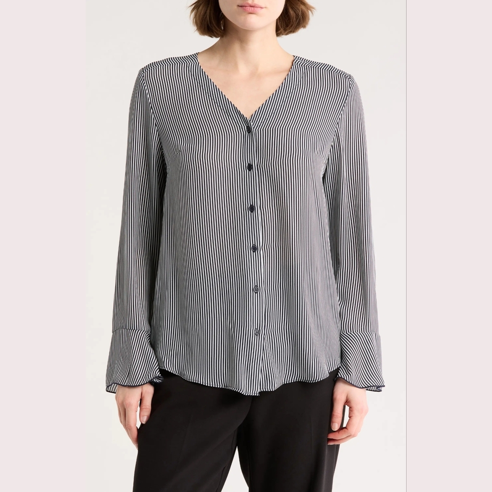 T Tahari Classic Navy & White Stripe V-Neck Blouse XS